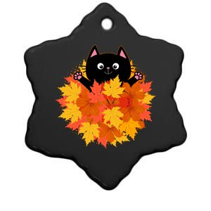 Cute Happy Black Cat Fall Autumn Leaves Ceramic Star Ornament