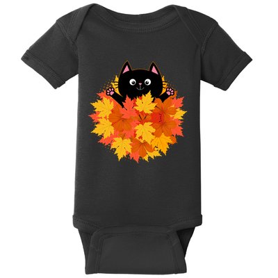 Cute Happy Black Cat Fall Autumn Leaves Baby Bodysuit