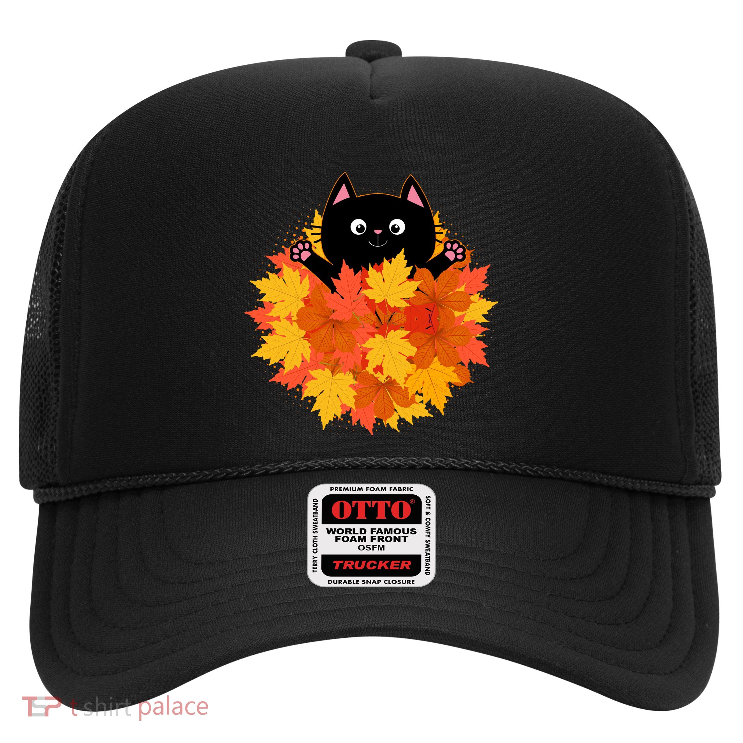 Cute Happy Black Cat Fall Autumn Leaves Trucker Hat