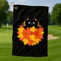 Cute Happy Black Cat Fall Autumn Leaves Golf Towel