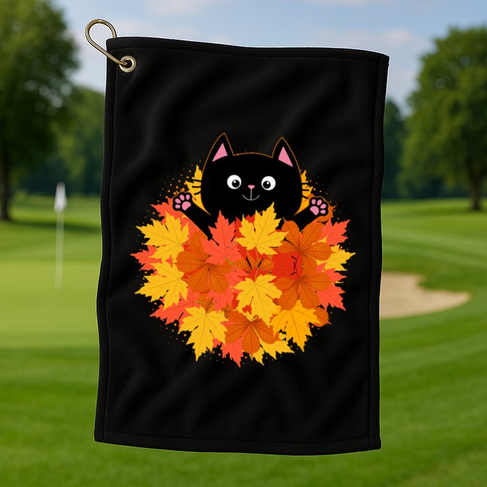 Cute Happy Black Cat Fall Autumn Leaves Golf Towel