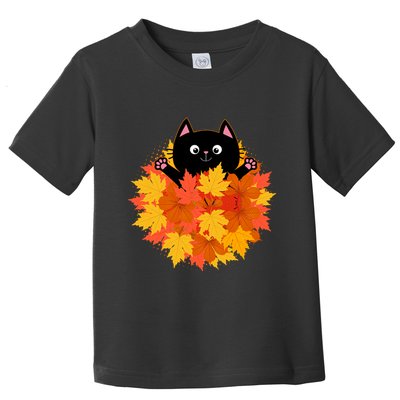 Cute Happy Black Cat Fall Autumn Leaves Toddler T-Shirt