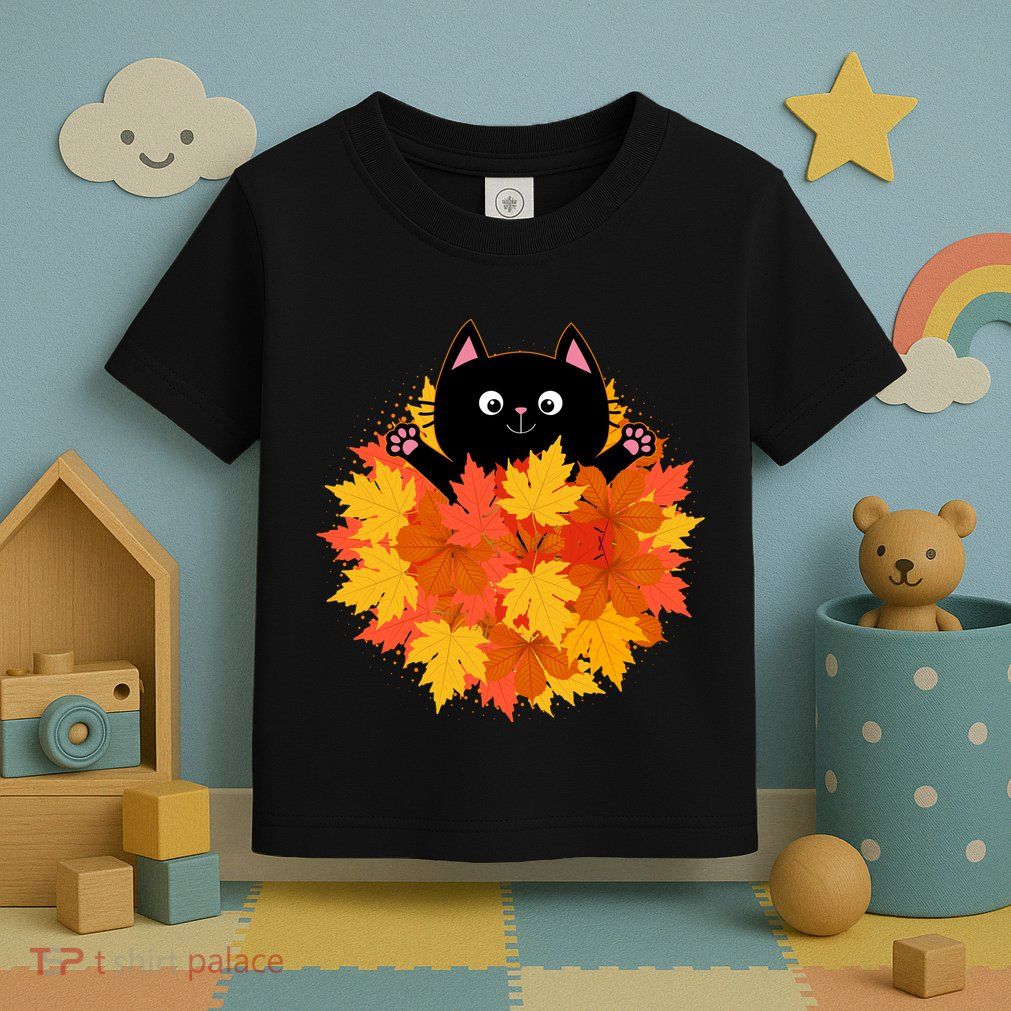Cute Happy Black Cat Fall Autumn Leaves Toddler T-Shirt