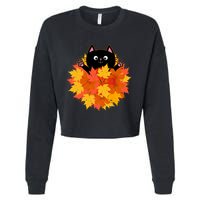 Cute Happy Black Cat Fall Autumn Leaves Cropped Pullover Crew