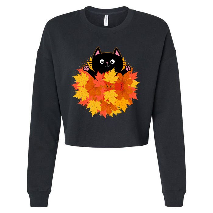 Cute Happy Black Cat Fall Autumn Leaves Cropped Pullover Crew
