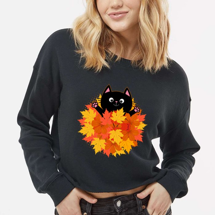 Cute Happy Black Cat Fall Autumn Leaves Cropped Pullover Crew