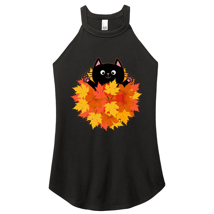 Cute Happy Black Cat Fall Autumn Leaves Women's Perfect Tri Rocker Tank