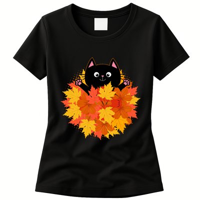 Cute Happy Black Cat Fall Autumn Leaves Womens T-Shirt
