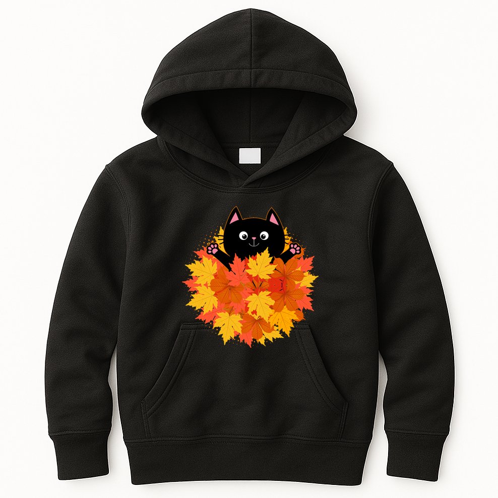 Cute Happy Black Cat Fall Autumn Leaves Kids Hoodie