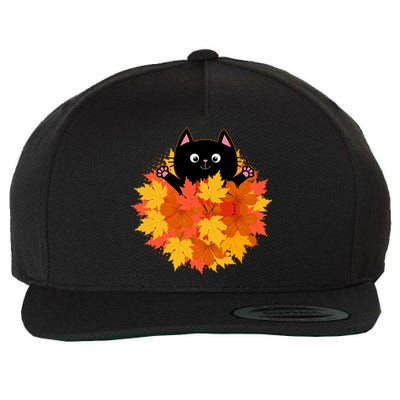 Cute Happy Black Cat Fall Autumn Leaves Wool Snapback Cap