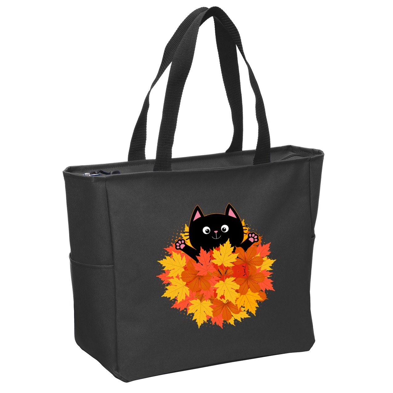 Cute Happy Black Cat Fall Autumn Leaves Zip Tote Bag