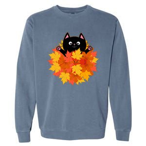 Cute Happy Black Cat Fall Autumn Leaves Garment-Dyed Sweatshirt