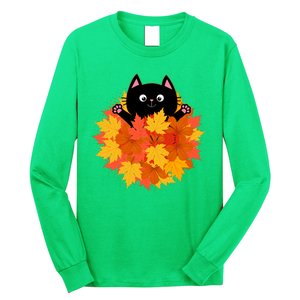 Cute Happy Black Cat Fall Autumn Leaves Long Sleeve Shirt