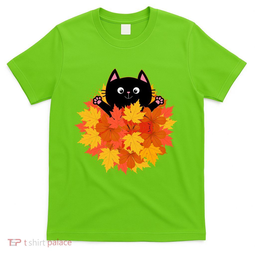 Cute Happy Black Cat Fall Autumn Leaves T-Shirt