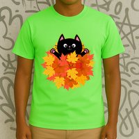 Cute Happy Black Cat Fall Autumn Leaves T-Shirt