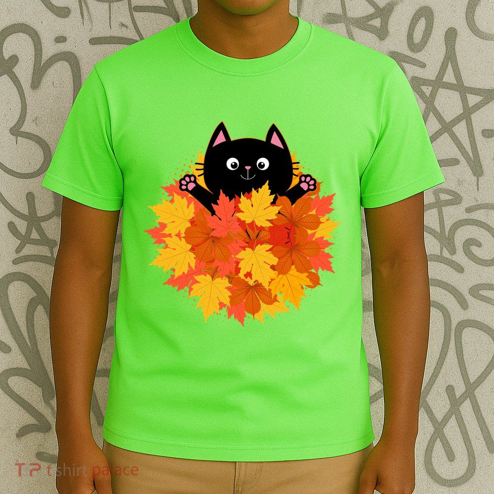Cute Happy Black Cat Fall Autumn Leaves T-Shirt