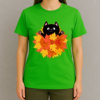 Cute Happy Black Cat Fall Autumn Leaves T-Shirt