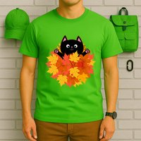 Cute Happy Black Cat Fall Autumn Leaves T-Shirt