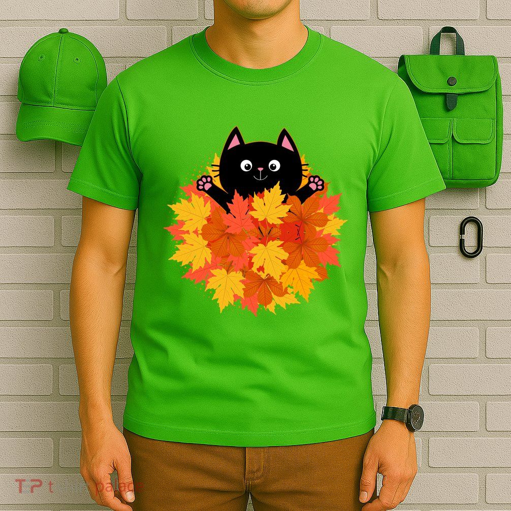 Cute Happy Black Cat Fall Autumn Leaves T-Shirt