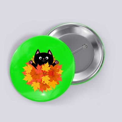Cute Happy Black Cat Fall Autumn Leaves Button