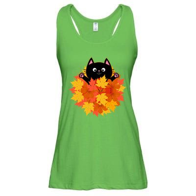 Cute Happy Black Cat Fall Autumn Leaves Ladies Essential Flowy Tank