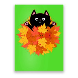 Cute Happy Black Cat Fall Autumn Leaves Poster