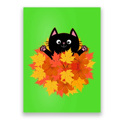 Cute Happy Black Cat Fall Autumn Leaves Poster