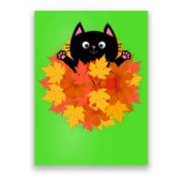 Cute Happy Black Cat Fall Autumn Leaves Poster