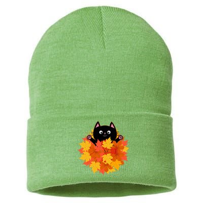 Cute Happy Black Cat Fall Autumn Leaves Sustainable Knit Beanie