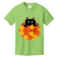 Cute Happy Black Cat Fall Autumn Leaves Kids T-Shirt