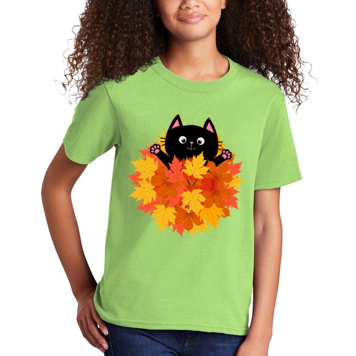 Cute Happy Black Cat Fall Autumn Leaves Kids T-Shirt