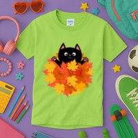 Cute Happy Black Cat Fall Autumn Leaves Kids T-Shirt