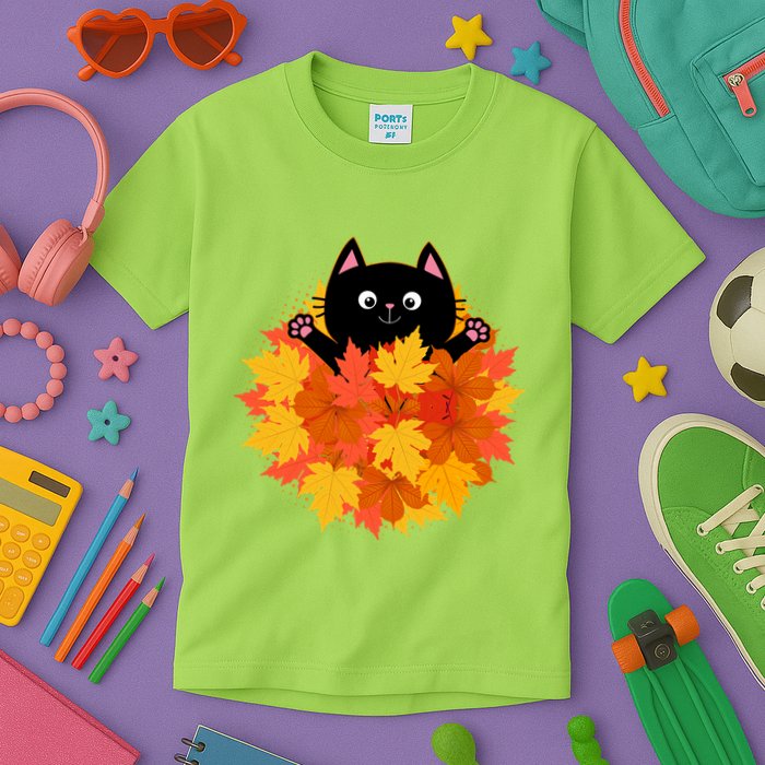 Cute Happy Black Cat Fall Autumn Leaves Kids T-Shirt