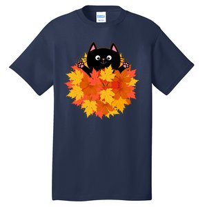 Cute Happy Black Cat Fall Autumn Leaves Tall T-Shirt