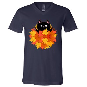 Cute Happy Black Cat Fall Autumn Leaves V-Neck T-Shirt