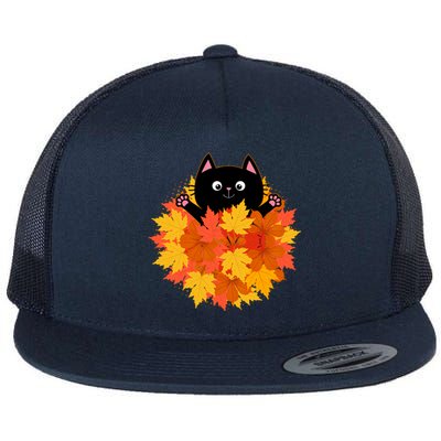 Cute Happy Black Cat Fall Autumn Leaves Flat Bill Trucker Hat