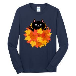 Cute Happy Black Cat Fall Autumn Leaves Tall Long Sleeve T-Shirt