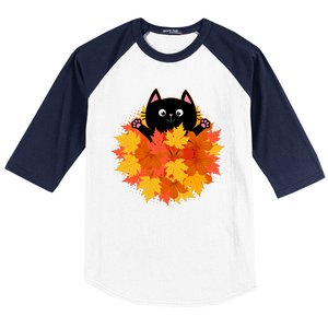 Cute Happy Black Cat Fall Autumn Leaves Baseball Sleeve Shirt