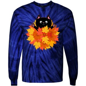 Cute Happy Black Cat Fall Autumn Leaves Tie-Dye Long Sleeve Shirt