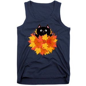 Cute Happy Black Cat Fall Autumn Leaves Tank Top