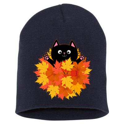 Cute Happy Black Cat Fall Autumn Leaves Short Acrylic Beanie