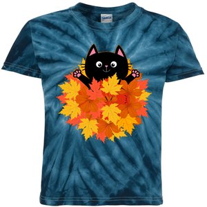 Cute Happy Black Cat Fall Autumn Leaves Kids Tie-Dye T-Shirt