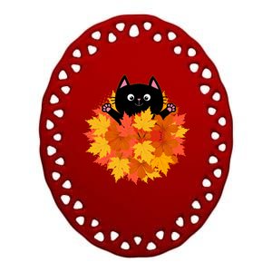 Cute Happy Black Cat Fall Autumn Leaves Ceramic Oval Ornament