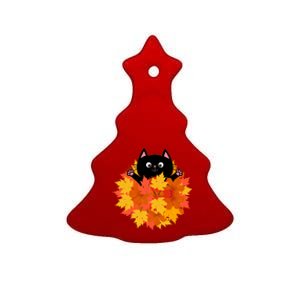 Cute Happy Black Cat Fall Autumn Leaves Ceramic Tree Ornament