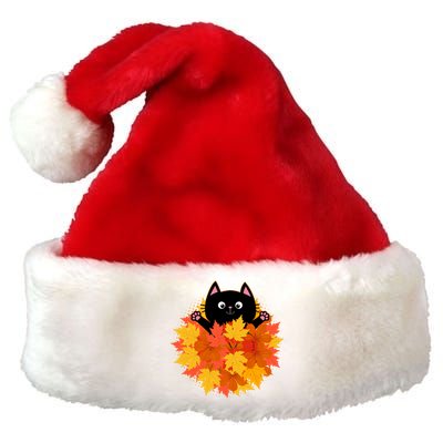 Cute Happy Black Cat Fall Autumn Leaves Premium Christmas Santa Hat