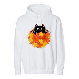 Cute Happy Black Cat Fall Autumn Leaves Garment-Dyed Fleece Hoodie