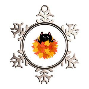 Cute Happy Black Cat Fall Autumn Leaves Metallic Star Ornament