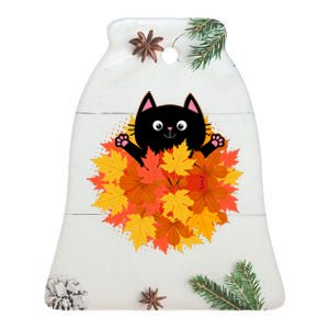 Cute Happy Black Cat Fall Autumn Leaves Ceramic Bell Ornament