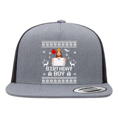 Christian Happy Birthday Jesus Birthday Boy Ugly Christmas Sweater Flat Bill Trucker Hat