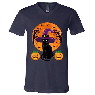 Cute Halloween Black Cat Witch Hat Pumpkin For Girl V-Neck T-Shirt